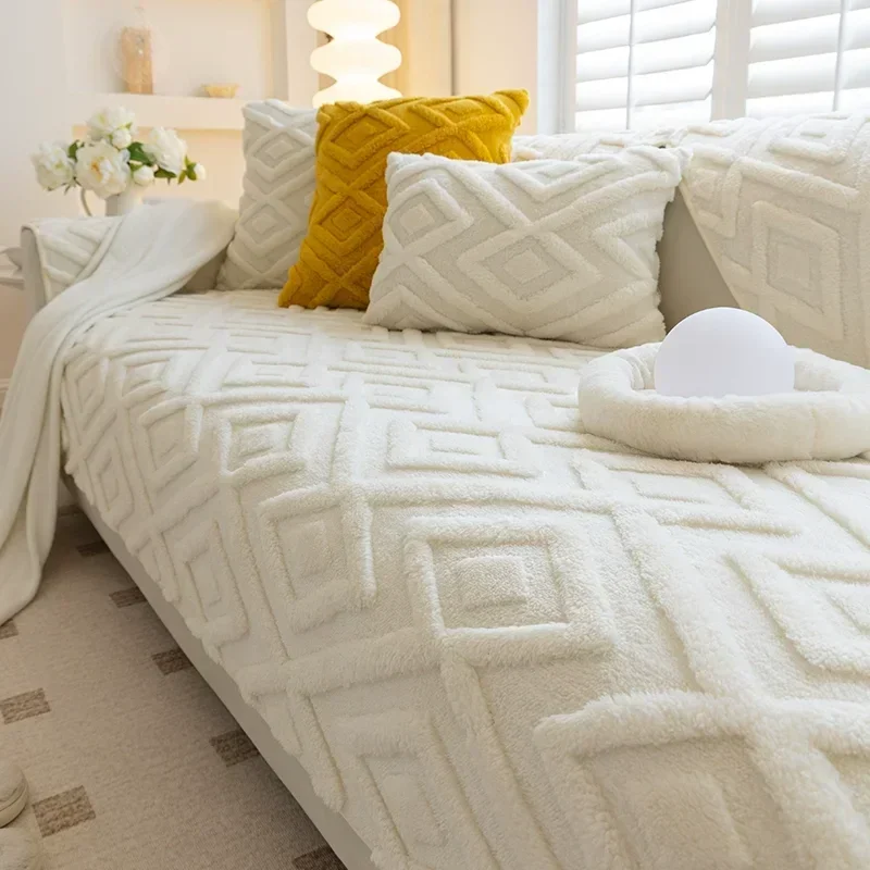 Jacquard Plush Sofa Cover Solid Color Non-Slip Couch Cushion Towel Warm Winter Thicken Sofa Covers for Living Room L-shaped sofa cover