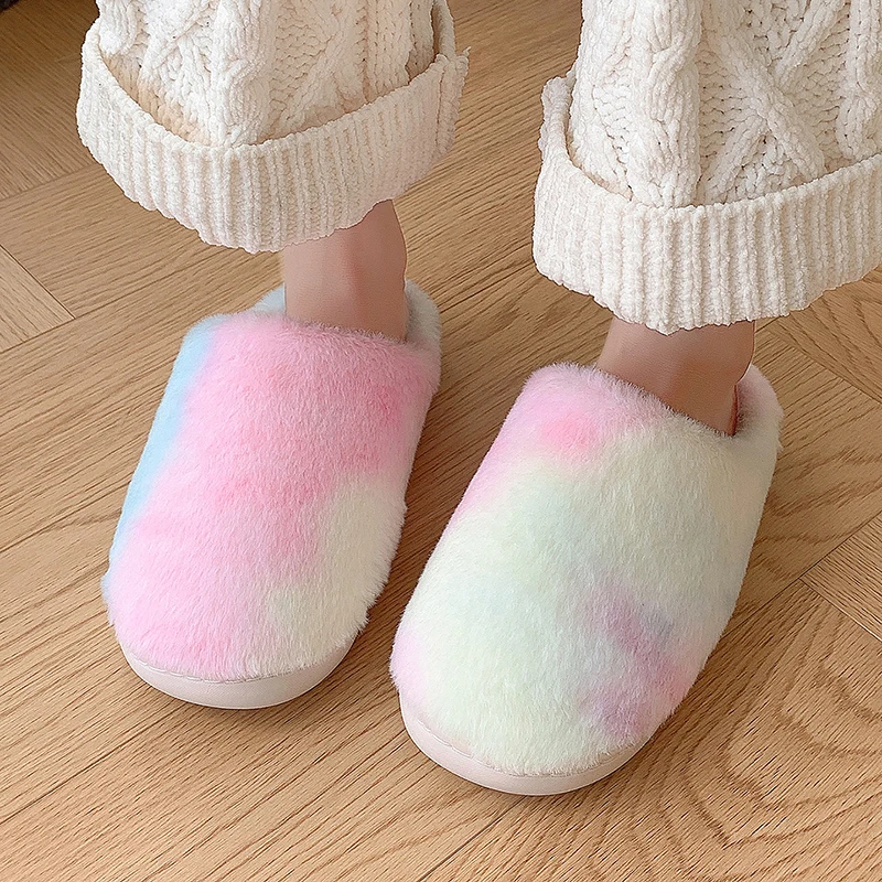 Lucyever Fashion Tie Dye Fluffy Fur Slippers Women Winter Keep Warm Flat Heels Home Slides Woman Indoor Couple Cotton Shoes 45