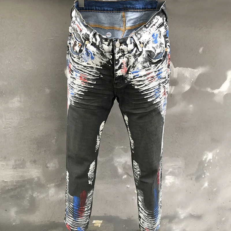 

Top Quality Retro Black Painted Destroyed Jeans Men Denim Punk Trousers Hip Hop Pants Streetwear Fashion Designer Men Jeans