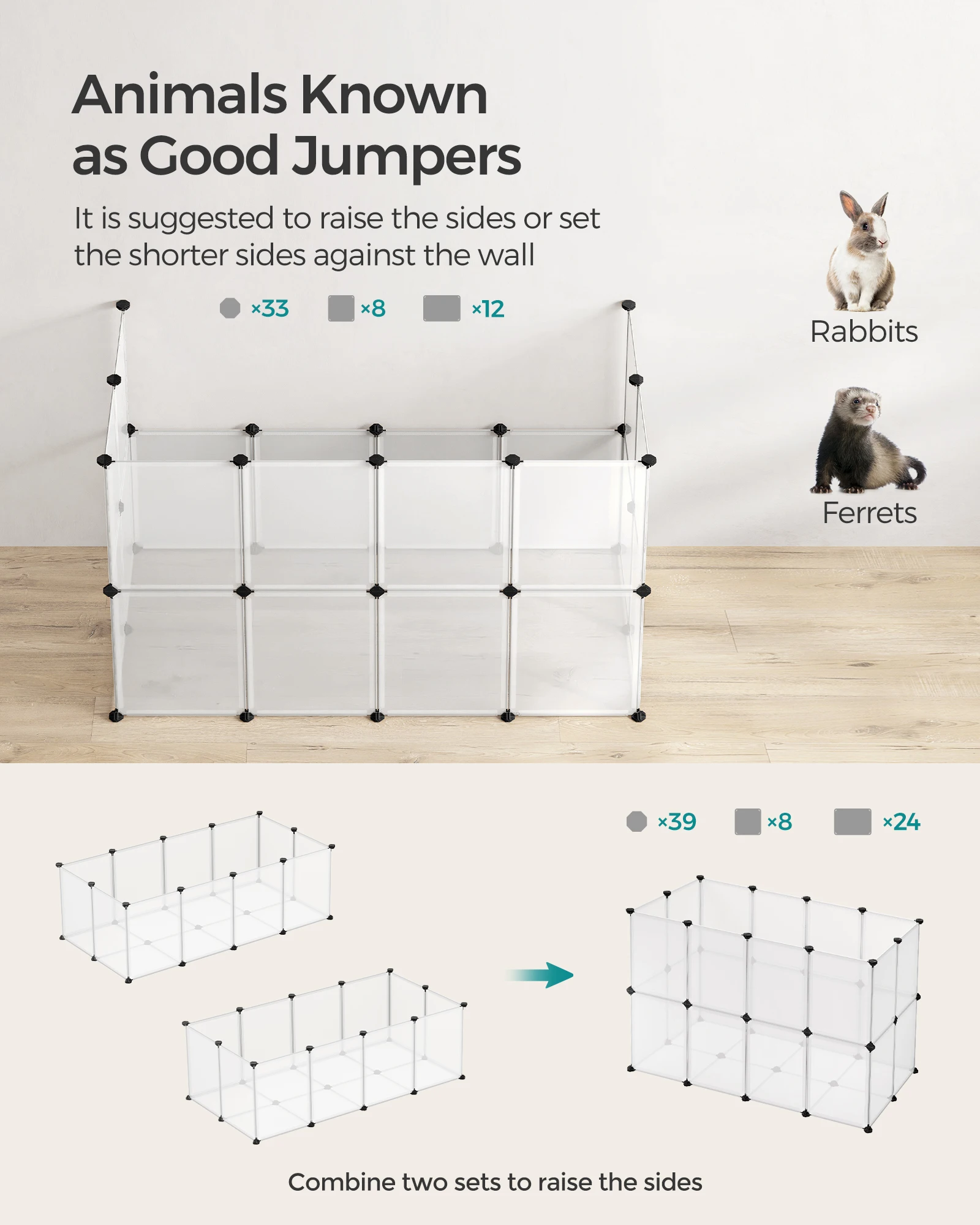 SONGMICS Pet Playpen with Floor, Small Animal Pen, Pet Fence Indoor, DIY Plastic Enclosure for Hamsters, Rabbits, Hedgehogs