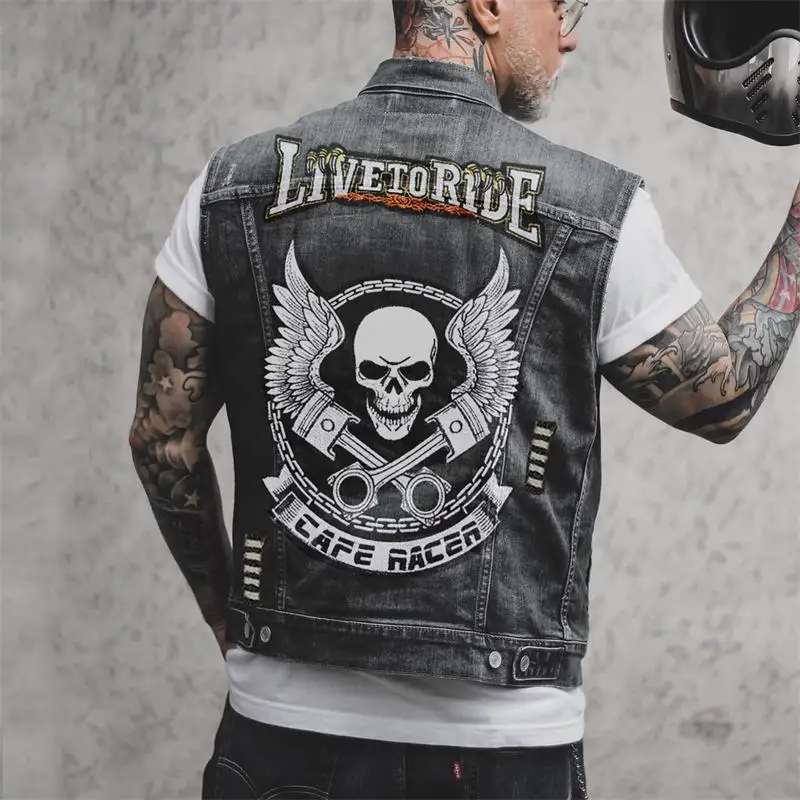 

Мужской джинсовый жилет, повседневный Свободный жилет из денима в стиле панк, с принтом, большие размеры, весна-осень