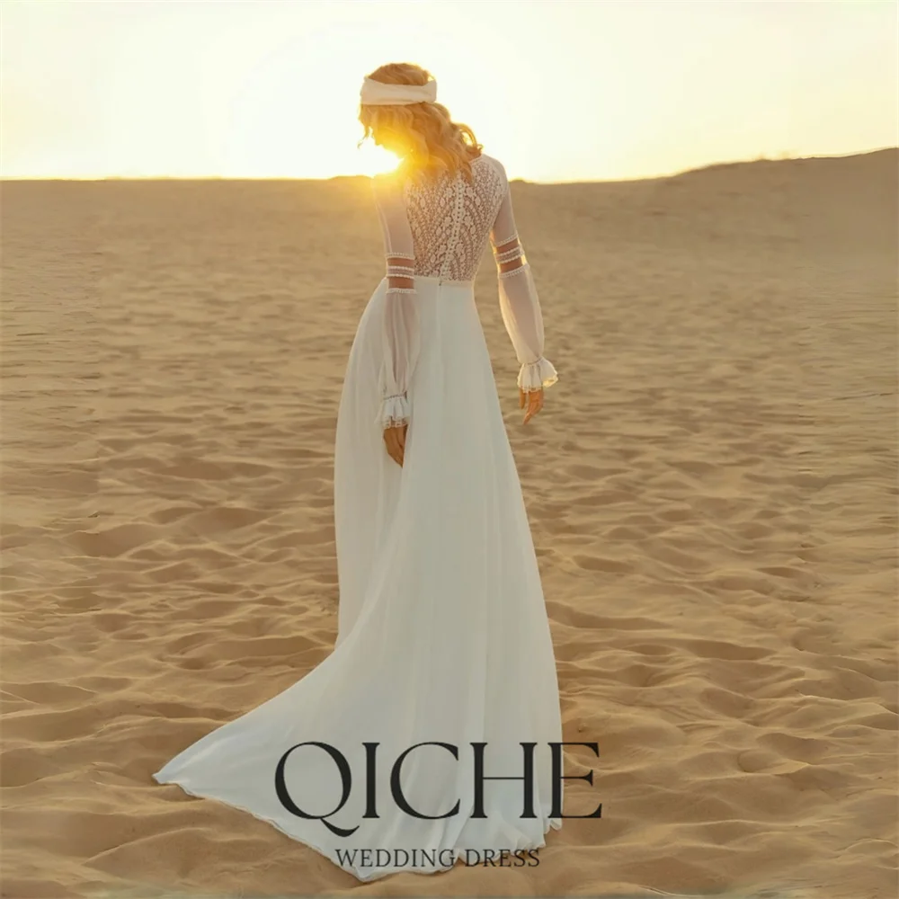 QICHE 보헤미아 레이스 긴 소매 A라인 웨딩 드레스 2026 쉬폰 아플리케 O넥 신부 드레스 맞춤형