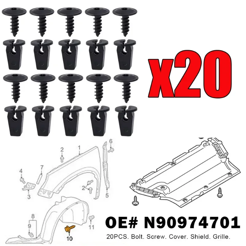 

20pcs Car Fastener Clips Rivet with Base Auto Fender Lining Door Panel Pin Retainer Snap Screw Kit for N90974701 Engine Cover
