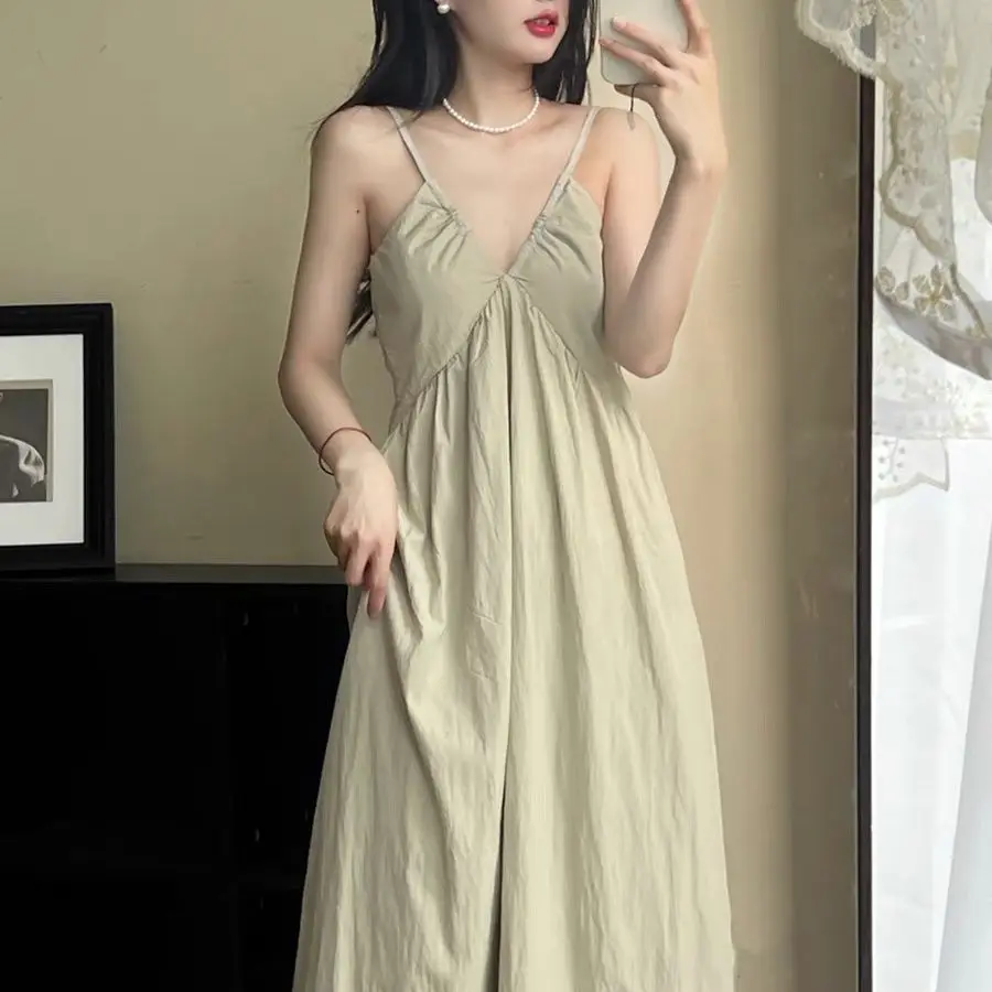 

Sexy spaghetti strap V Neck Beach Dress Ladies High Waist Casual Vintage Vestidos Summer Women Holiday A Line Party Long Dresses