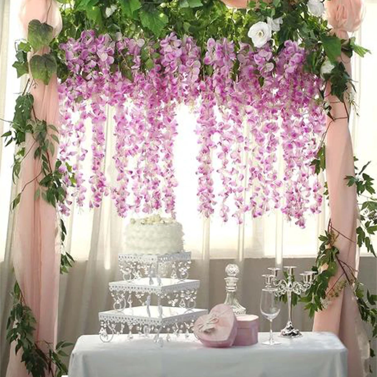 12pcs Fuchsia Faux Wisteria Flower Hanging Vines Wreath Garden