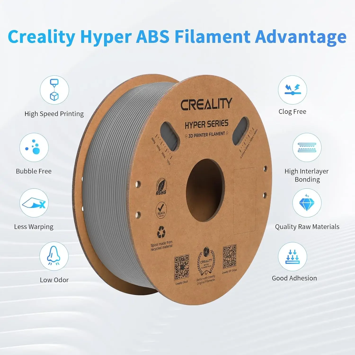 Creality Hyper ABS 필라멘트 1.75mm 고속 인쇄용, 편리한 오픈 프린팅, 1kg(2.2lbs) 스풀, 대부분의 3D 프린터 호환