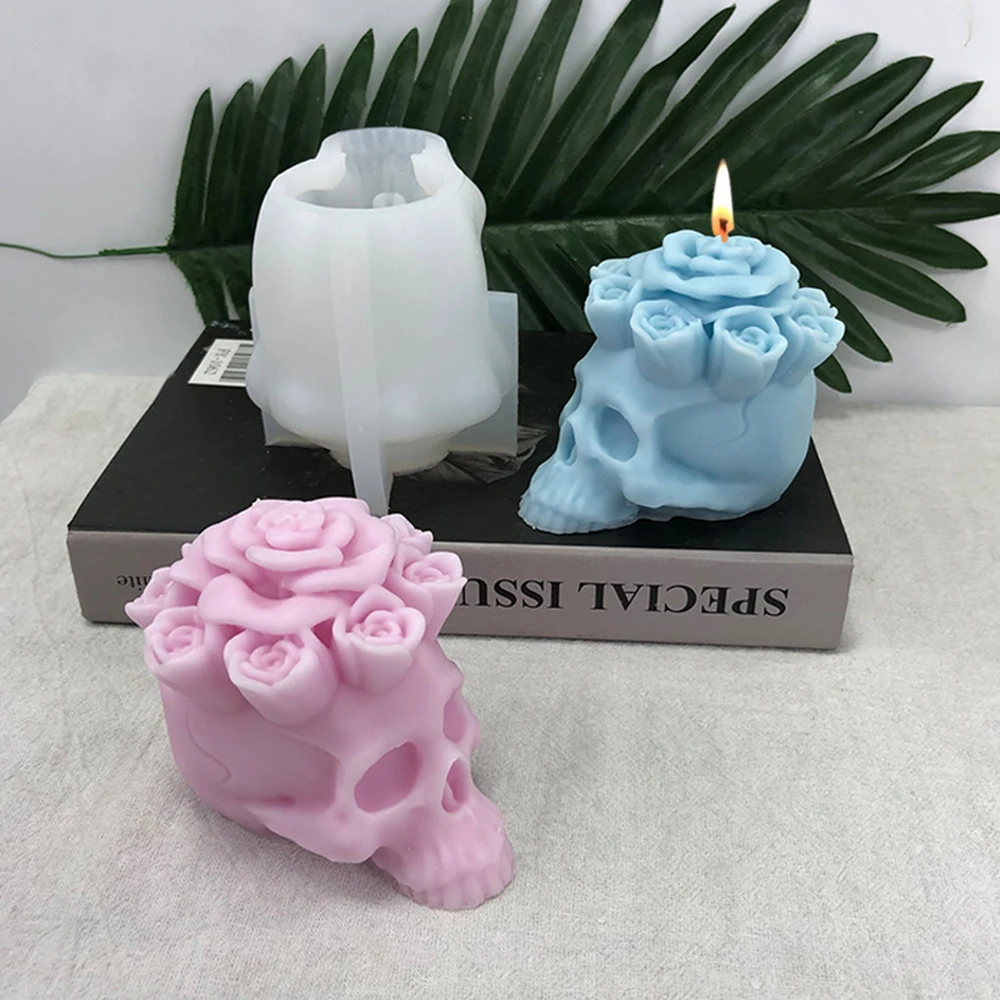 

Rose Skull Head Candle Mold DIY Handmade Soap Gypsum Clay Resin Crafts Making Silicone Mould Home Decoration Ornaments 2022 New