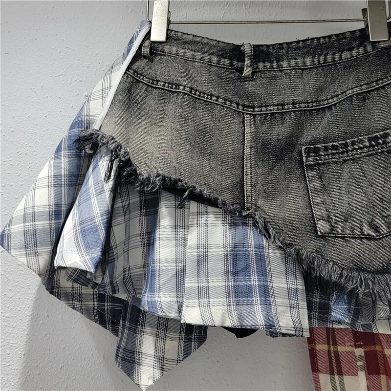 DEAT Fashion Women's Patchwork Plaid Button Design Denim 2024 Summer Skirts New A-line High Waist Mini Skirt Female 29L7797