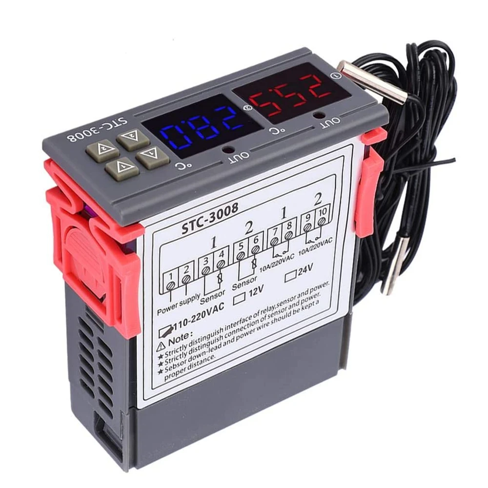 STC-3008 듀얼 디지털 LED 온도 컨트롤러 온도 조절기 인큐베이터, 프로브 포함 릴레이 출력 온도조절기 2 개, 12V, 24V, 220V