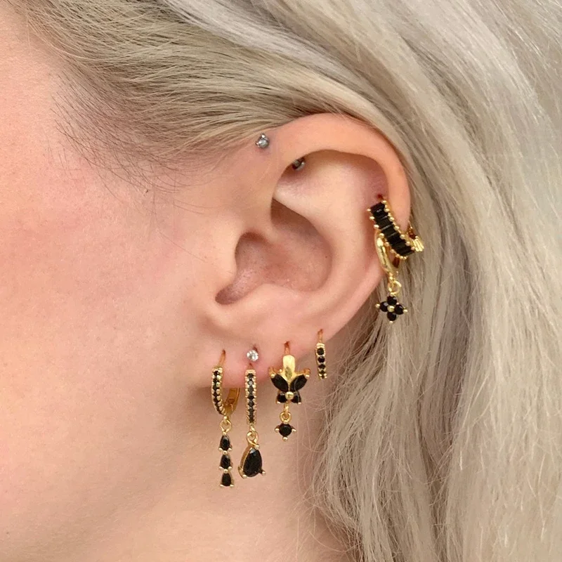 Zircão preto argola para mulheres, agulha de prata esterlina 925, piercing dourado, brincos pendente, moda jóias, 2023