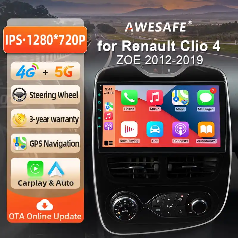 AWESAFE Radio Android de 10 pulgadas para Renault Clio IV Clio 4 2012-2019, CarPlay inalámbrico y Android Auto, navegación GPS, soporte multimedia, control del volante, amplificador de subwoofer, cámara trasera con CAN-BUS EU Plug and Play DAB+ Autoradio digital 2 DIN, radio para coche BT 1