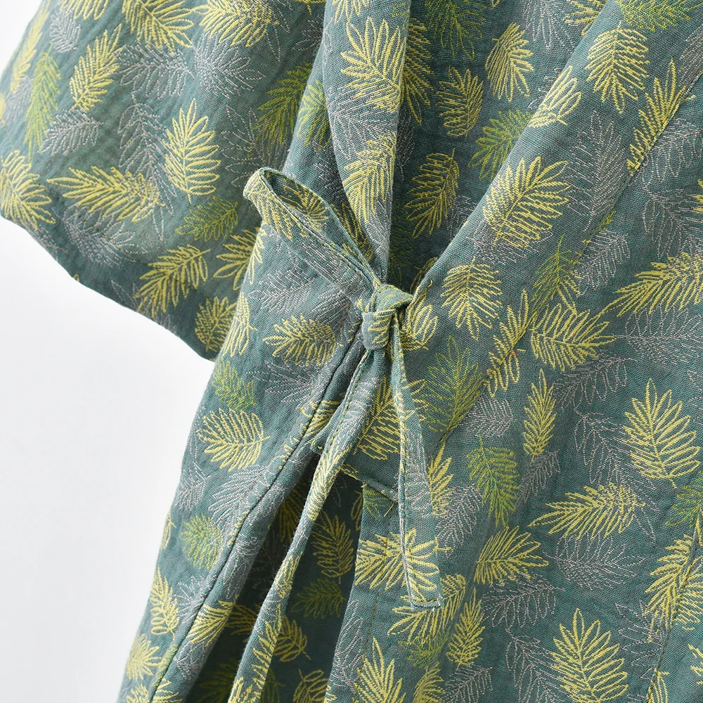 Japanese Women Cotton Yukata Kimono Robe, Summer Double Gauze Bathrobe, Thin Spa Sauna Pajamas, Breathable Belted Homewear