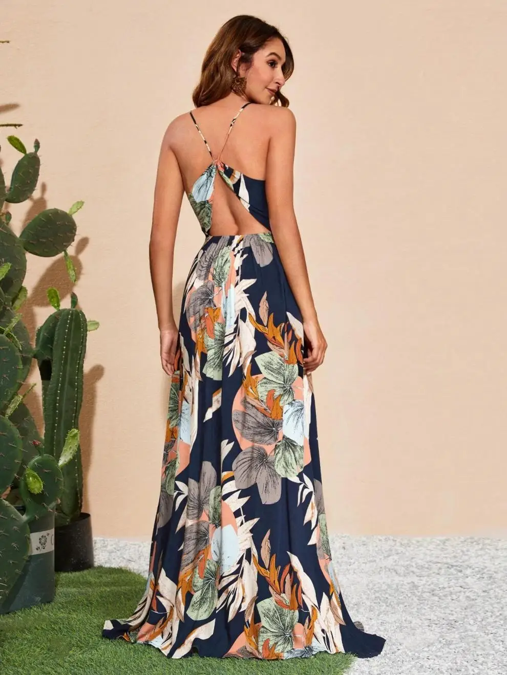 Fashion Flower Print Spaghetti Strap Dresses Women Sexy V-neck Backless Slit Long Dress Bohemian Style Vacation Beach Vestidos
