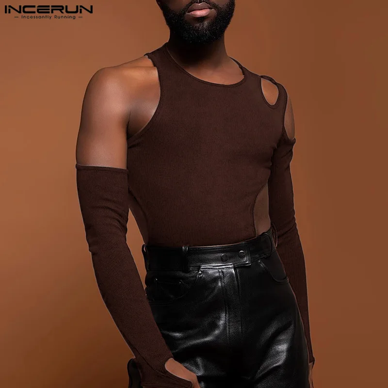 Fashion Men Sexy Homewear INCERUN Hollow Design Jumpsuits Male Casual Solid Comfortable Half Thimble Long Sleeved Bodysuits