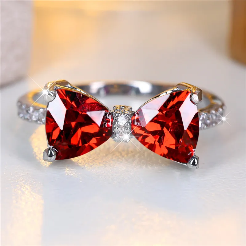 Luxury Female Rainbow Stone Bowknot Engagement Ring Trendy Silver Color Bride Wedding Jewelry Gift For Women