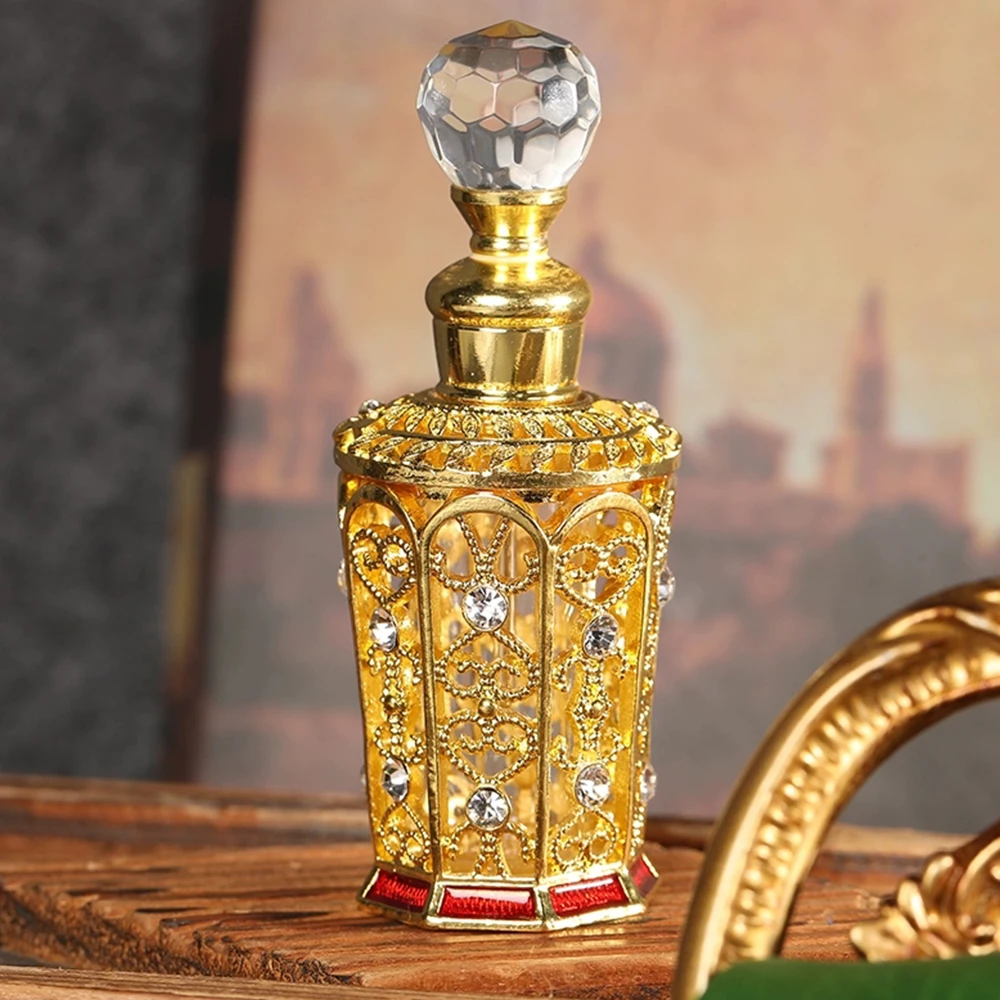 Botella de Perfume chapada en oro de 12ML, tapa de cristal con grabado de diamantes, Estilo Vintage, Boca Grande, Sub-embotellado, aceite esencial, regalo de belleza