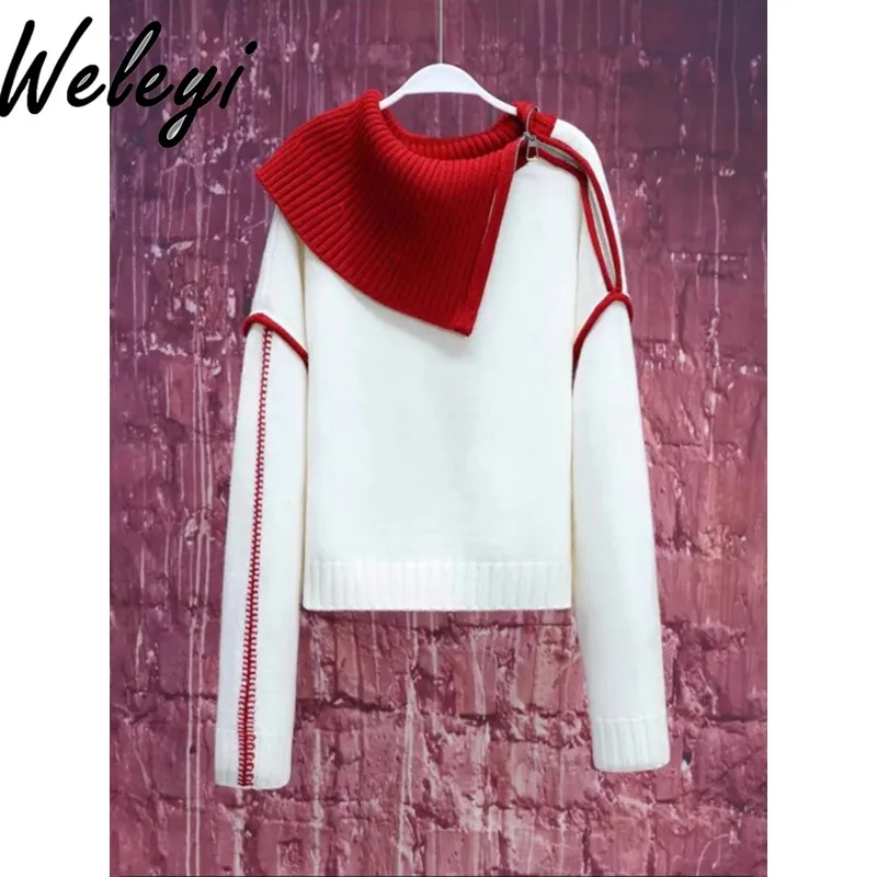 

Kawaii Women's Sweet White Sweater 2024 Winter Versatile Fashion New Loose and Idle Half Zipper Oblique Polo Collar Pullover Top