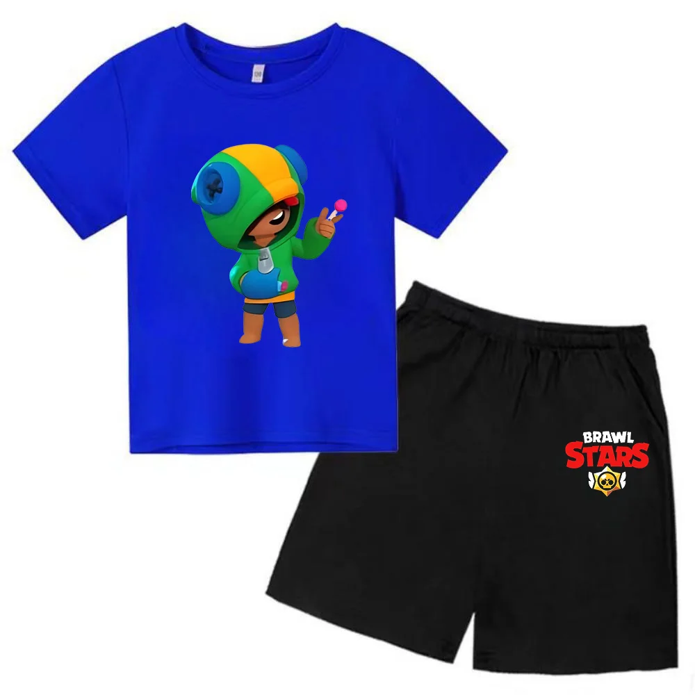 thumbnail image 1 of Conjunto de 2 camisetas y pantalones de manga corta con cuello redondo y estrellas para niños de 3 a 13 años, ropa para niños y niñas, 1 of 5