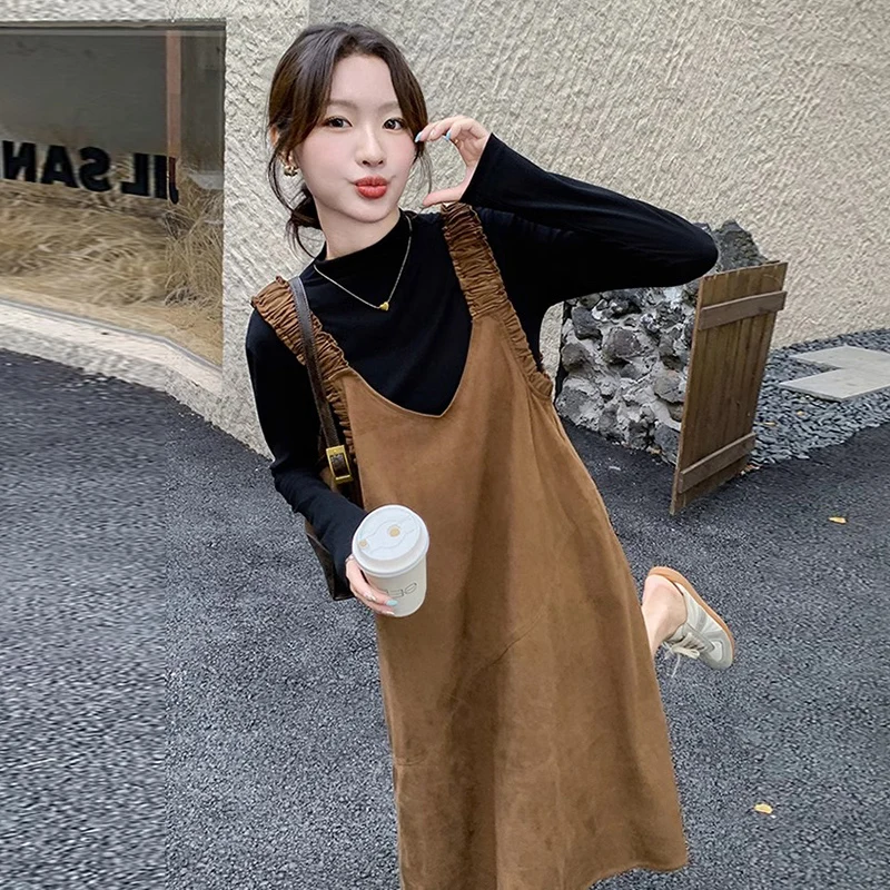 Autumn Maternity Clothes Set Long Sleeve Balck Tops Brown Suede Suspender Dress Pregnant Woman Dress Suits Preppy Style Twinset