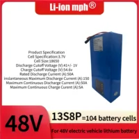 Batterie lithium-ion 48V 30ah 13s8p, batterie électrique 48V 30000mAh 2000W, BMS 50A intégré + chargeur 18650.00 48v 4