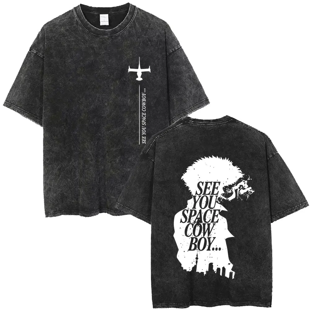Gewaschenes Vintage Anime Cowboy Bebop Spike Spiegel See You Space Cowboy T-Shirt für Männer und Frauen, Manga-Mode-Marken-T-Shirts, Streetwear