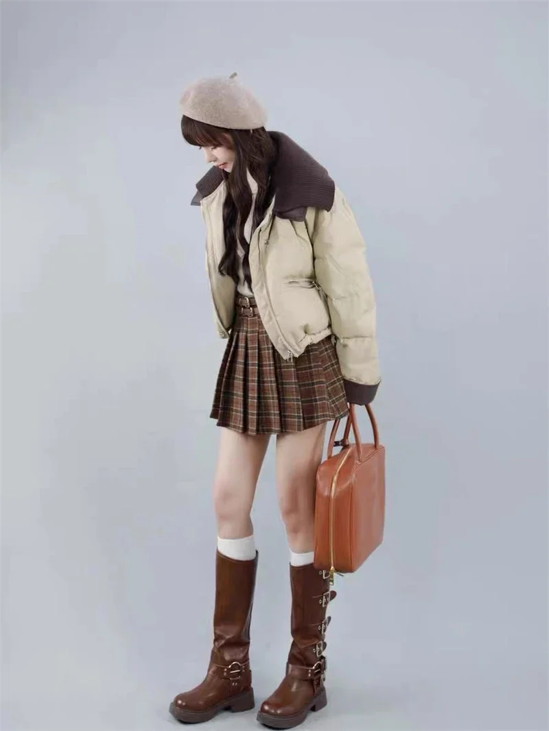 2025 Women Coffee Black Short Parkas Thicken Warm Long Sleeve Lapel Cotton Padded Coat Vintage Winter Student Jacket Streetwear