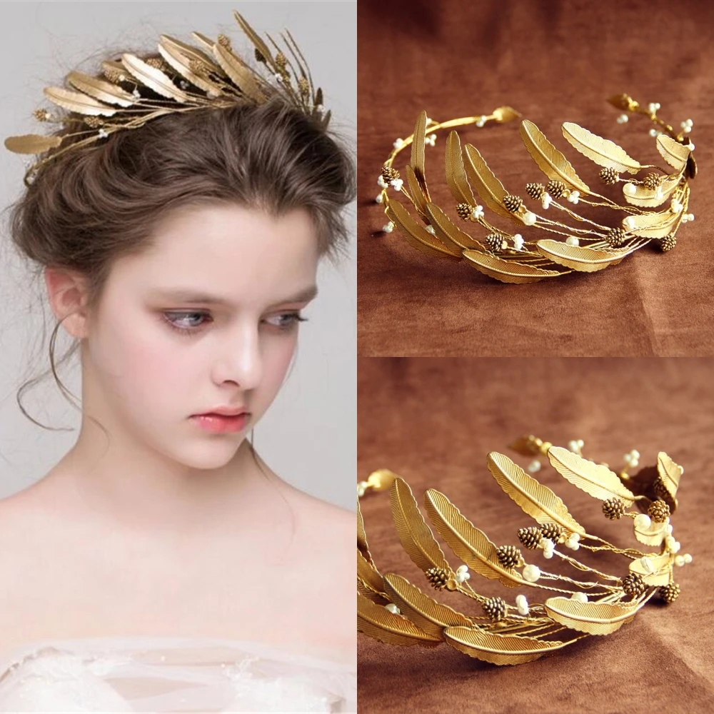 GoldColorPearlLeafTiaraCrownHeadbandForWomenBrideQueenParty
