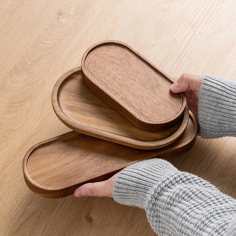 1PC Wooden Serving Trays Oval Wood Tray Platters for Serving Food Dishes Dinner Plates Solid Wood Round Dessert Plate