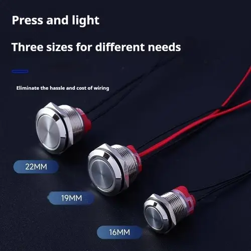 Push Button /Switch 16/19/22mm Short Silver Metal 6/12/24/220V Self-Locking Reset Latching with Light with Wire 15cm Car On/Off - Image 5