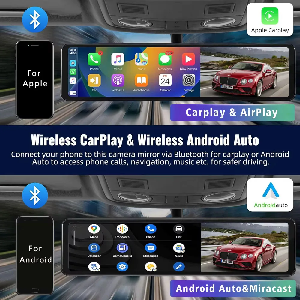 Dash Cam 4K 2160P da 11,26 Pollici con Carplay, Android Auto, Doppia Lente, Wifi, GPS, BT, FM, Registratore Video per Auto, Specchietto Retrovisore con Telecamera - immagine 2