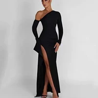 Women's Black Knitted Long Single Sleeve Split Dress, Diagonal Collar, Elegant , Sexy ,Spring Autumn Fashion Dress 5927