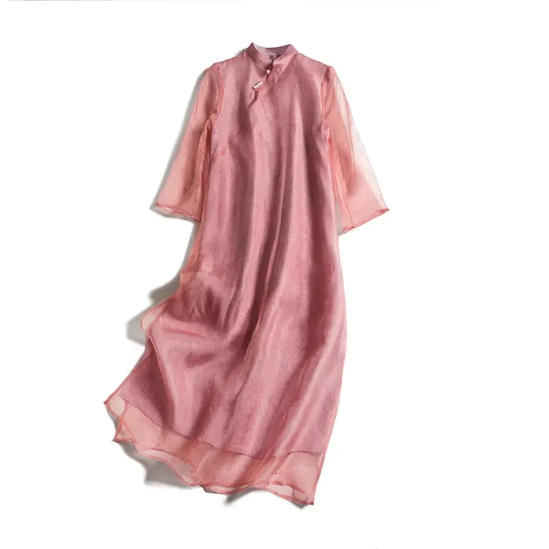 

Chinese Style Summer Dress 2021 Silk Long Dresses for Women Casual Vintage Dress Female Elegant Vestido De Mujer Pph4383