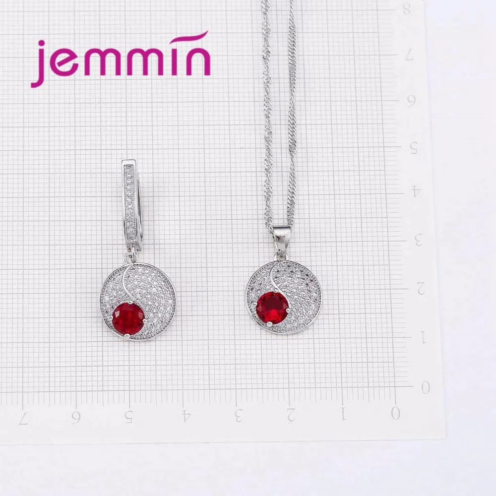 Simple Style Round 925 Sterling Silver Necklaces Earrings Jewelry Set With Fine Red Crystal For Women Lady Party