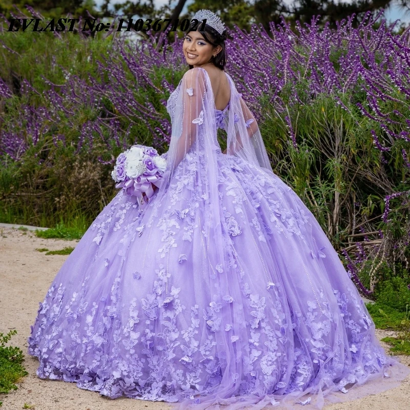 Quinceanera Dress Ball Gown Butterfly Applique Beaded with Cape Sweet 16