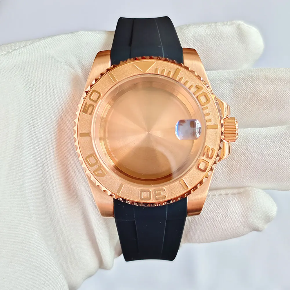 Rose Gold 40mm GMT SUB Watch Case with Silicone Strap and Sapphire Glass