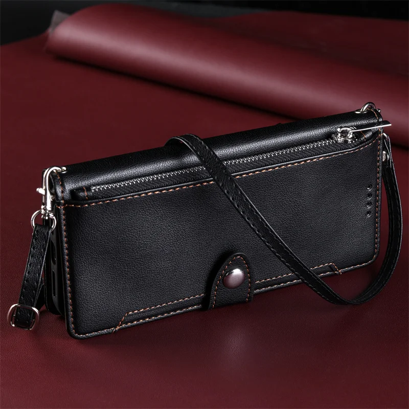 Solid Color Wallet Case with Long Strap and Zipper Leather Bag