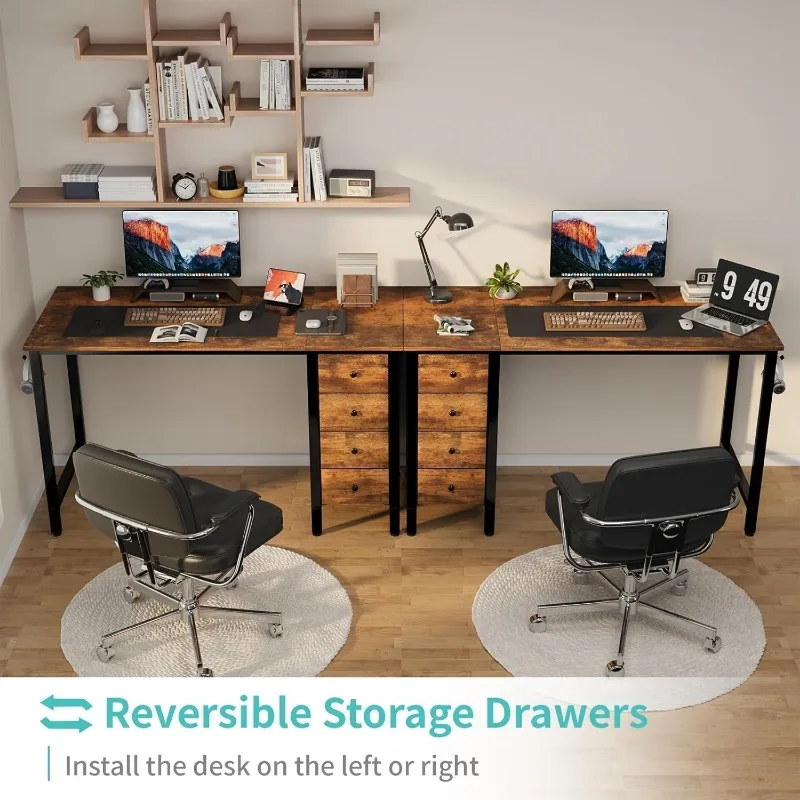 47 inch Computer Desk with 4 Fabric Drawers, Reversible Writing Work Study Desk for Home Office Bedroom, Modern Simple 4