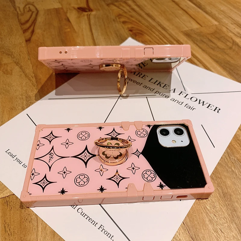 Luxury Square Cute Clover Pink Case For iPhone 12 11 Pro Max Soft Silicone Mirror Phone Cover For iPhone X XS Max XR 6S 7 8 Plus (9)
