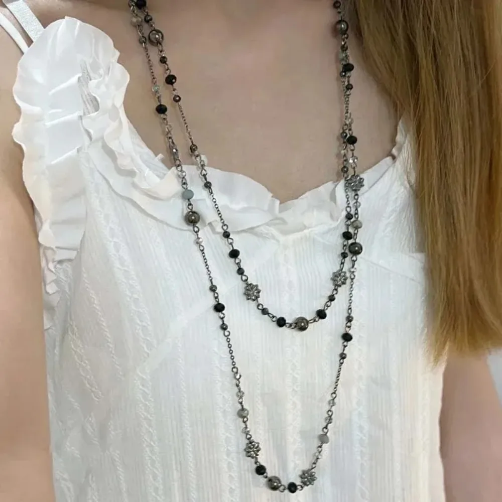Stackable Double Layered Flower Beaded Chains Necklaces for Women Bohemian Ethnic Style Glass Beaded Sweater Chain Jewelry