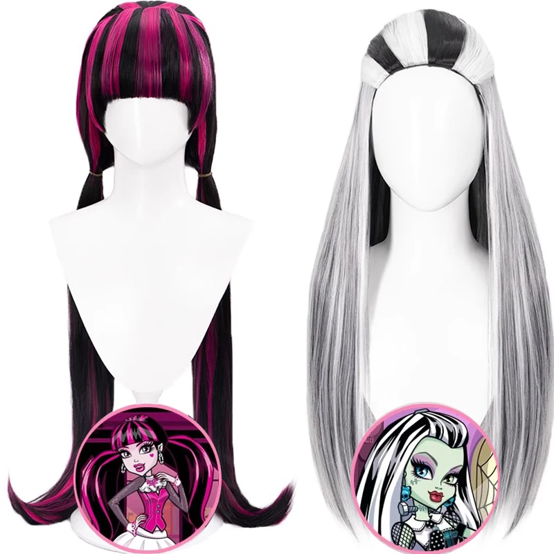 Monster High Cosplay Draculaura Parrucca Capelli Lunghi Parrucca Rosa Nera Franky Monster High Franky Parrucche Cosplay Parrucca Nera Mix Whitet