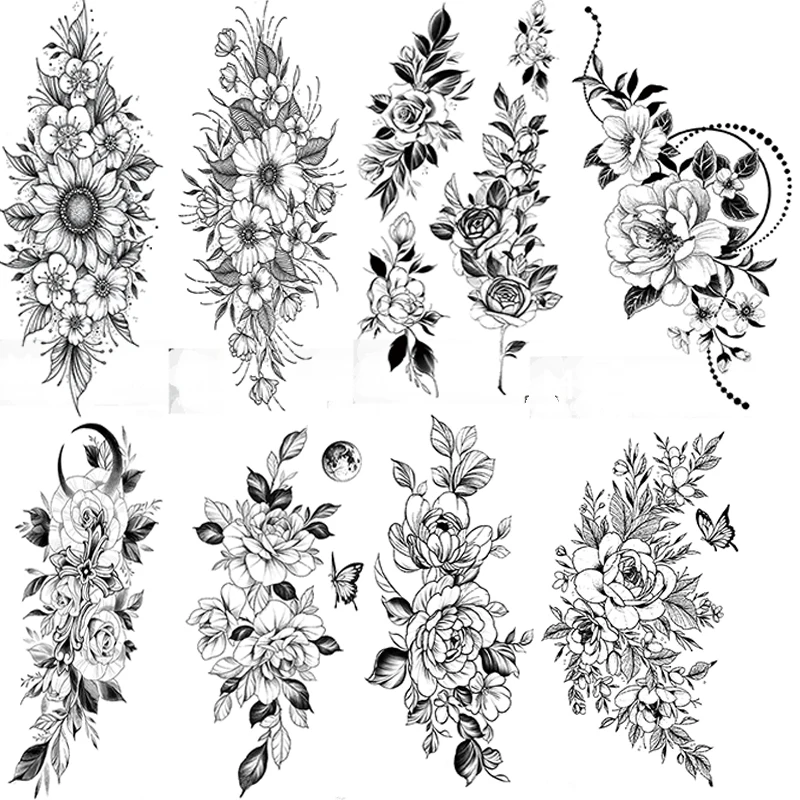 

Black Daisy Flower Butterfly Temporary Tattoos For Women Realistic Waist Arm Leg Tattoo Stickers Forearm Tatoo Waterprooff