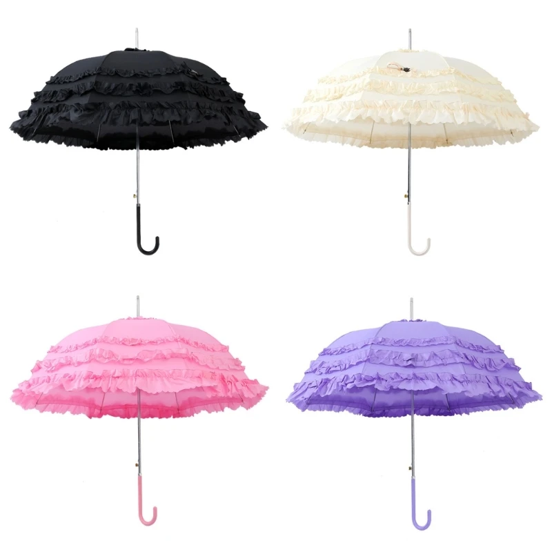 Gothic Lolita Cute Princess Lace Umbrella Long Handle Semiautomatic Large Marriage Parasol for Women
