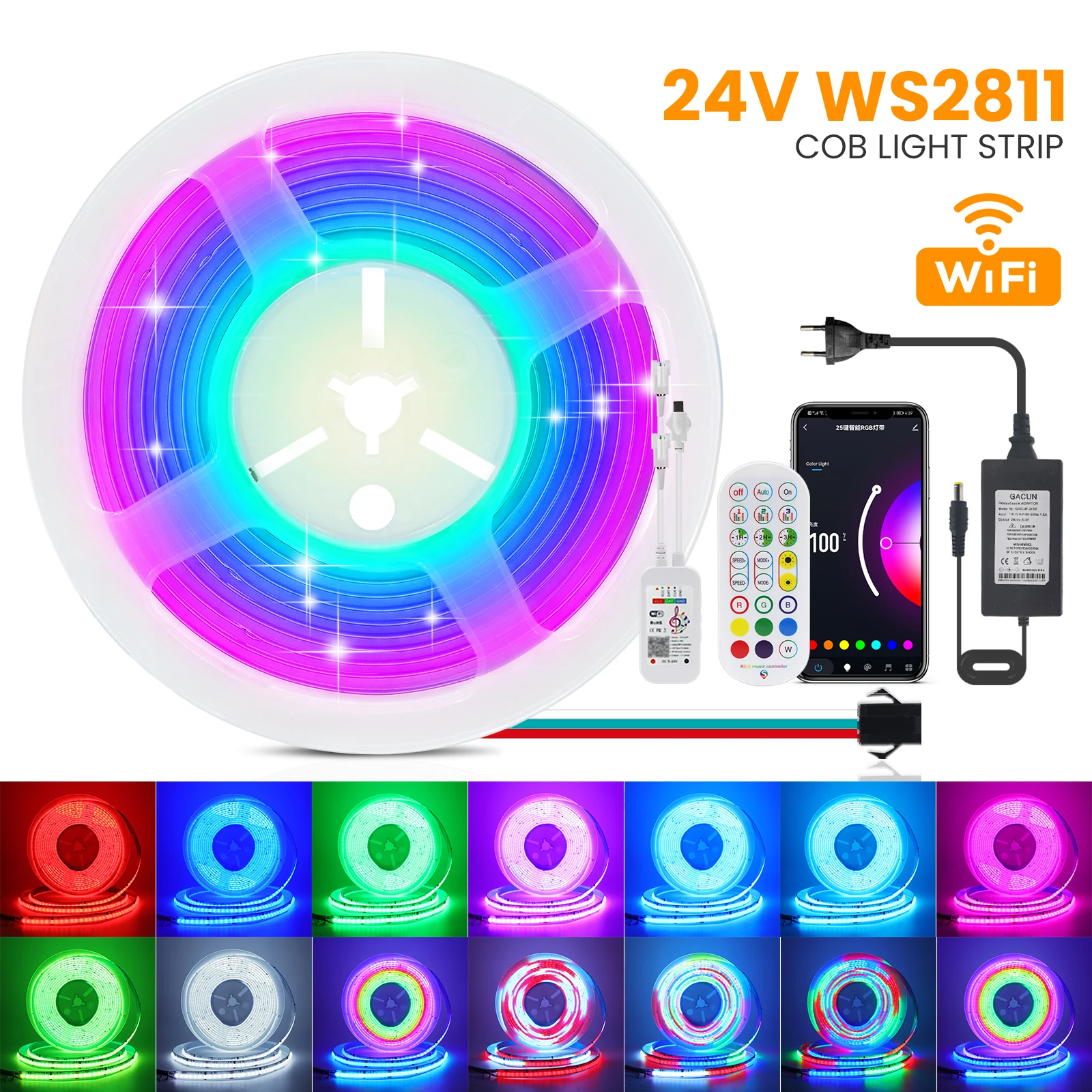 Description Picture 2 of itemWiFi Bluetooth Control RGB COB LED Strip DC 12V 24V 576LEDs/m TV BackLight WS2811 Flexible Tape Light for Party Room Decoration