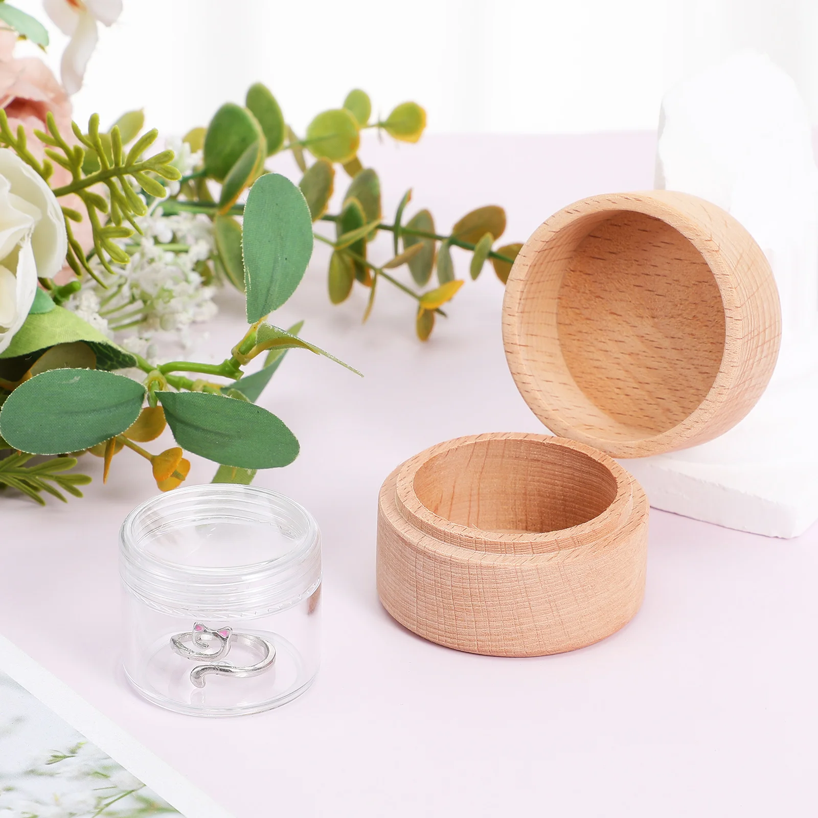 Round Wooden Box Mini Jewelry Holder Clear Lidded Storage Case for Engagement Wedding Proposal Craft Small Size