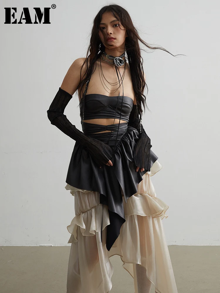 [EAM] Women Black Pu Irregular Ruffles Elegant Tank Tops New Sleeveless Personality Fashion Tide Spring Summer 2026 1DH6258