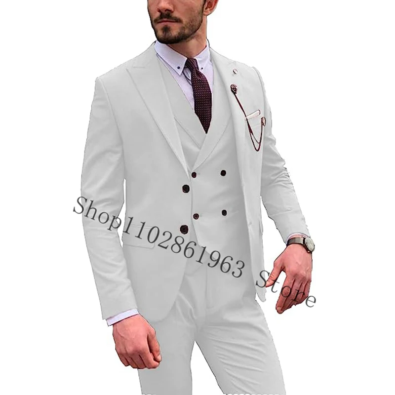 Tailor Made Men Suits Peak Lapel Two Buttons 3 Pieces Male Suits Groom Wear Wedding Tuxedos Blazer+Vest+Pants Costume Homme