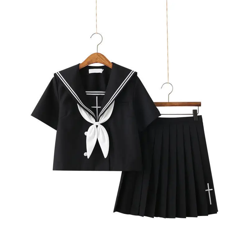 High School Girl Sailor Suits Cosplay Costume Cross Embroidery School Uniform Black Short Long Sleeve Japanese Anime Uniforms