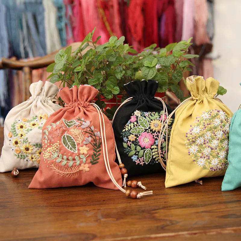 Embroidery Drawstring Bag Kits with Patterns, Needlepoint Sewing Handbag Kit for Beginners, Embroidery Start Kit