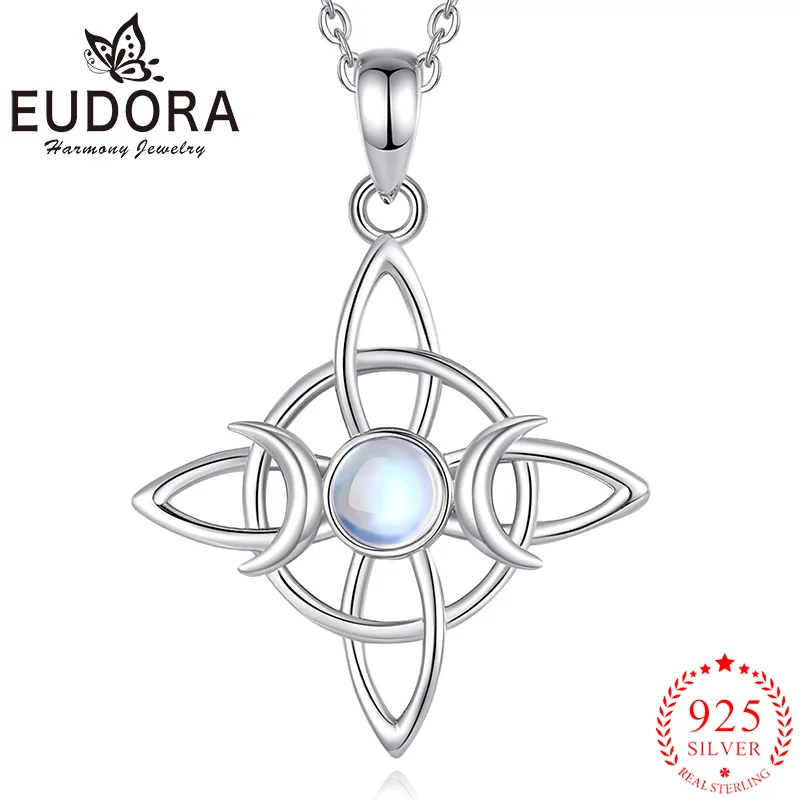 Eudora 925 Sterling Silver Witch's Knot Triple Moon Necklace Moonstone Amulet Pendant for Women Witch Jewelry Exquisite Gift silver necklace charms pendant necklace silver necklace silver pendant