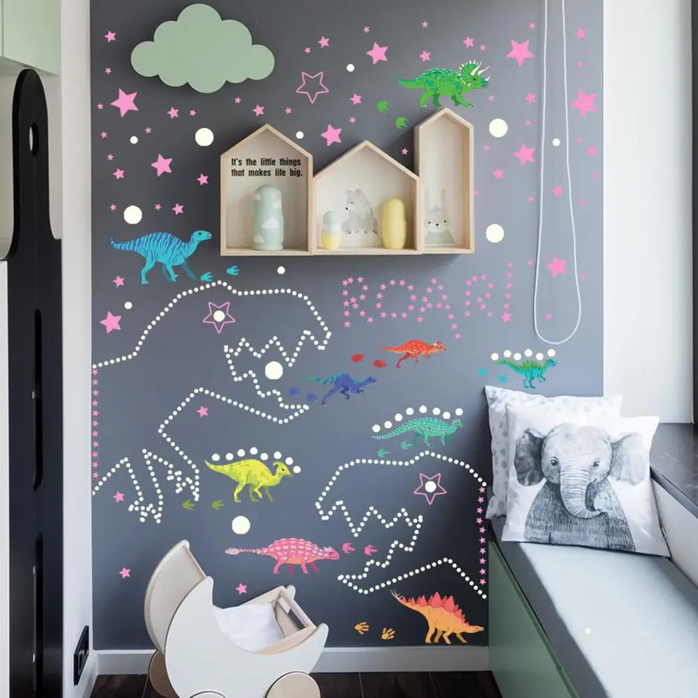 Vivid Bright Dinosaur Decals Waterproof Stickers Glow-in-the-dark Cartoon Dinosaur Stickers Wall Decor for Baby Kids Room